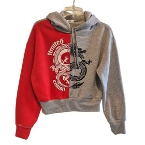 ARDENE Women Dragon Graphic Cropped Hoodie Red Gray Colorblock Size S P